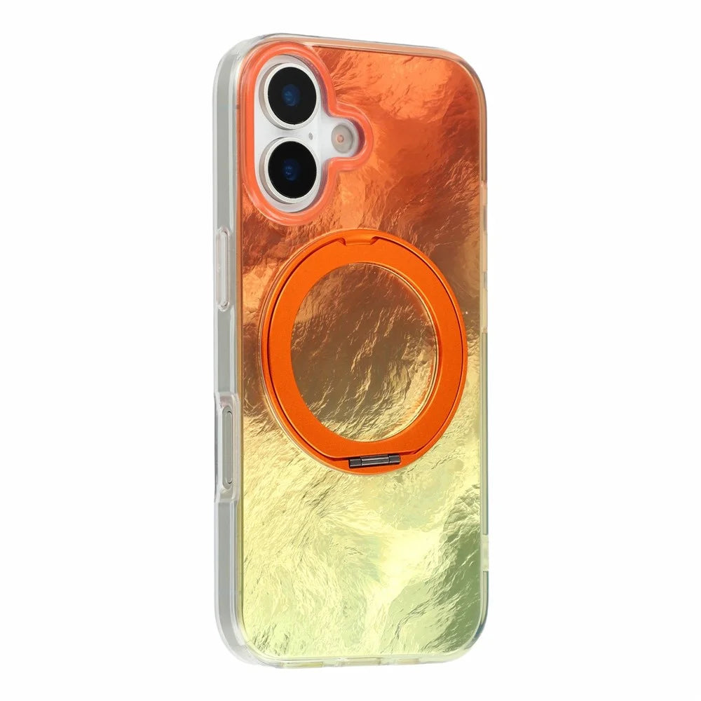 For iPhone 17 Case Rotating Ring Kickstand Aurora Gradient TPU Shockproof Phone Cover - Sunset Orange - 1
