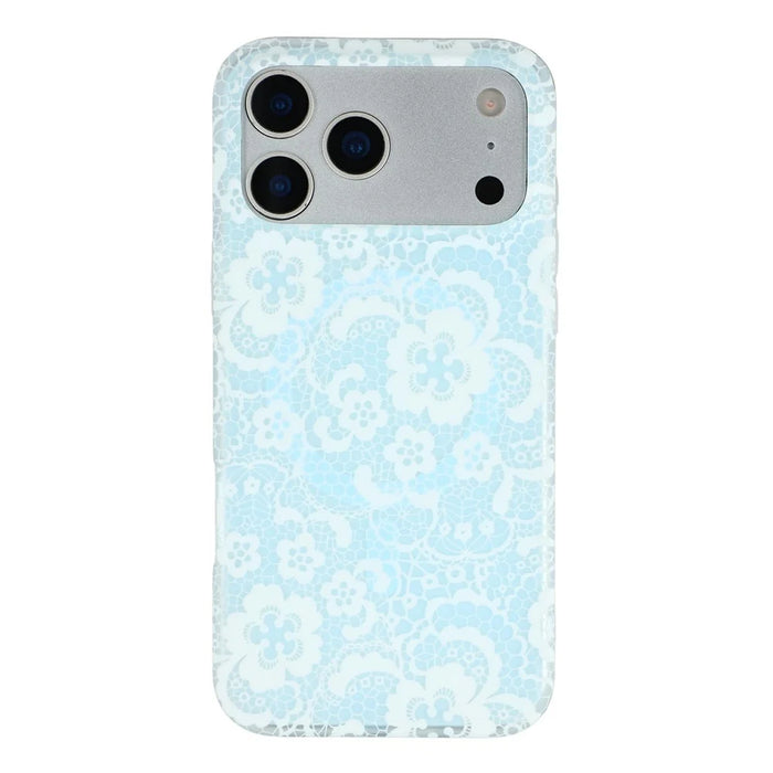 For iPhone 17 Pro Magnetic Case Lace Floral Pattern PC + TPU Phone Cover - Baby Blue - 1
