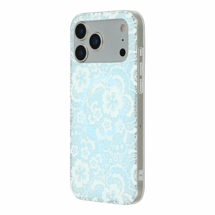 For iPhone 17 Pro Magnetic Case Lace Floral Pattern PC + TPU Phone Cover - Baby Blue - 4
