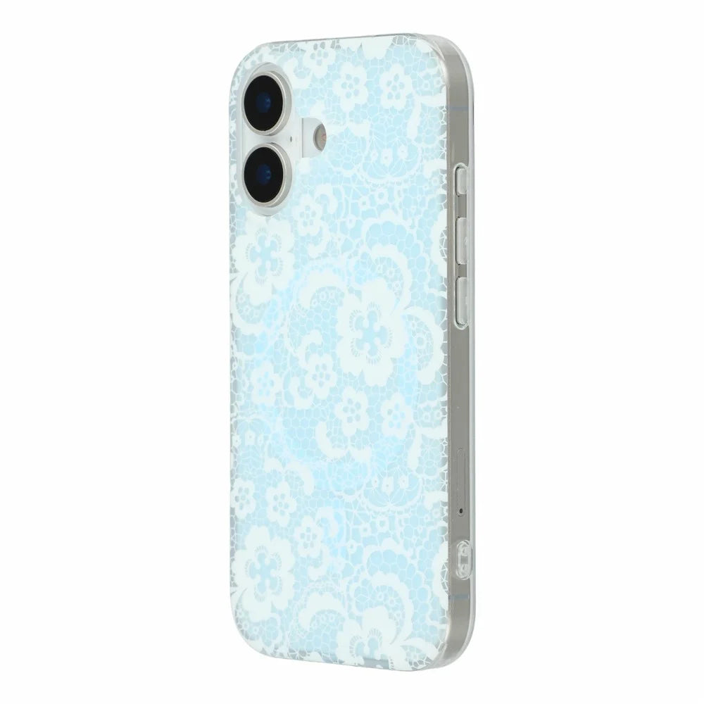 For iPhone 17 Magnetic Case Lace Floral Pattern PC + TPU Phone Cover - Baby Blue - 4
