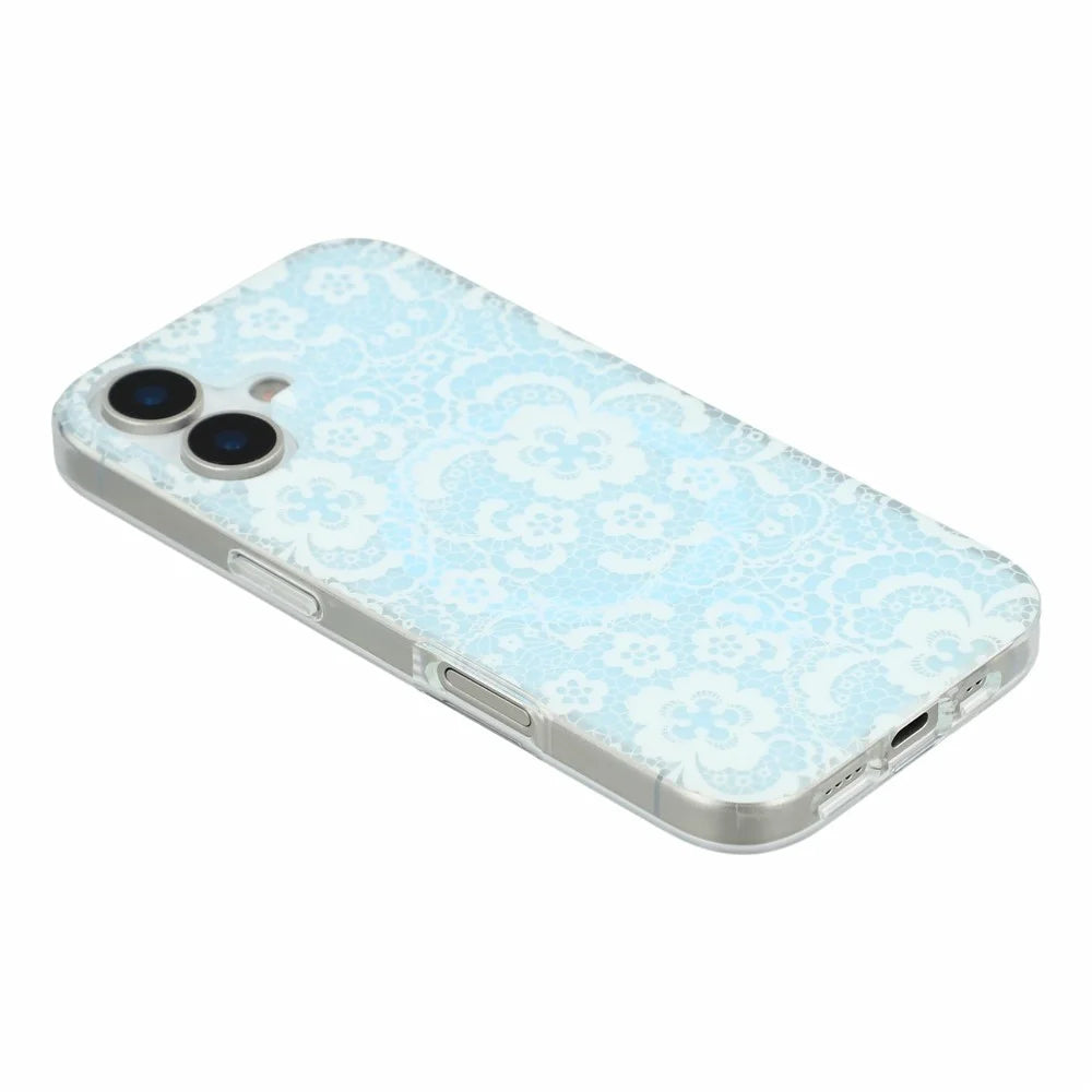 For iPhone 17 Magnetic Case Lace Floral Pattern PC + TPU Phone Cover - Baby Blue - 5