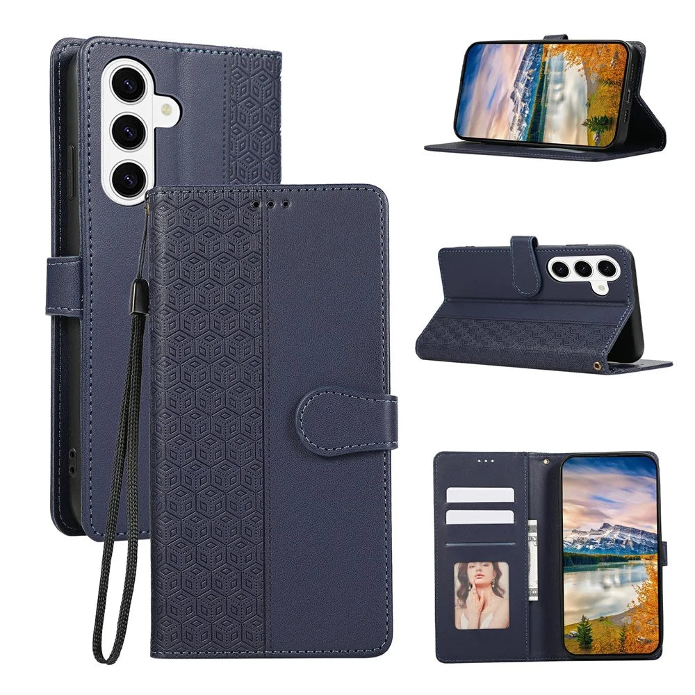 For Samsung Galaxy S26 FE Case Splicing Imprinted Rhombus Leather Phone Cover with Wrist Strap - Blue - 1