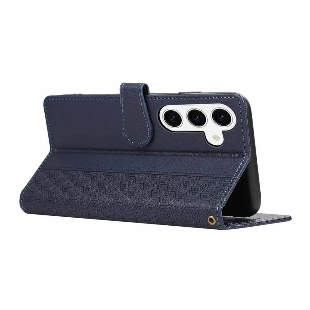 For Samsung Galaxy S26 FE Case Splicing Imprinted Rhombus Leather Phone Cover with Wrist Strap - Blue - 4