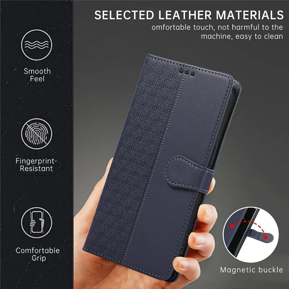 For Samsung Galaxy S26 FE Case Splicing Imprinted Rhombus Leather Phone Cover with Wrist Strap - Blue - 5