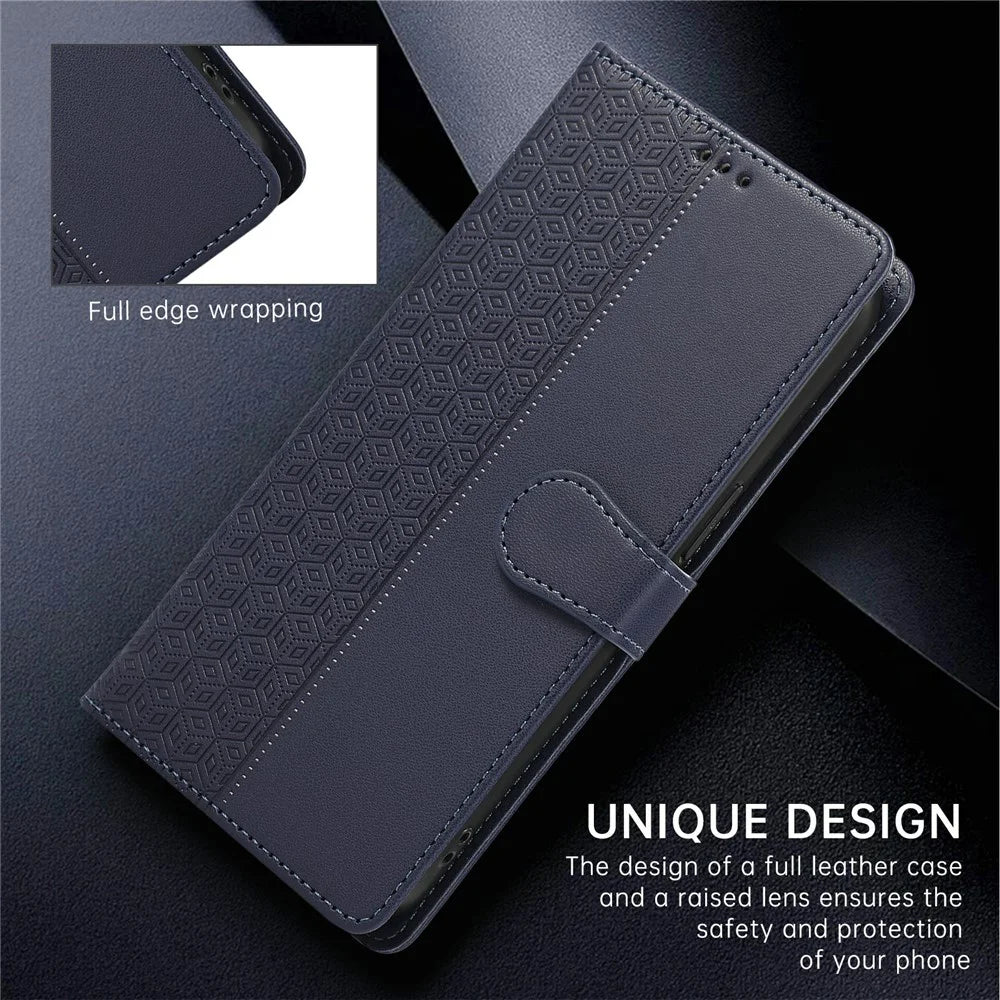 For Samsung Galaxy S26 FE Case Splicing Imprinted Rhombus Leather Phone Cover with Wrist Strap - Blue - 6