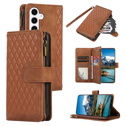 For Samsung Galaxy S26 FE Case 9 Card Slots Rhombus Design Leather Phone Cover with Wrist Strap - Brown - 1