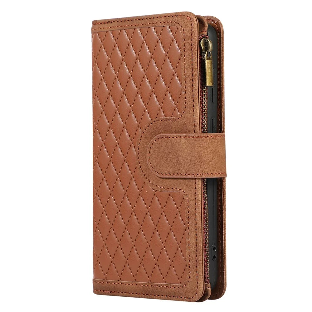 For Samsung Galaxy S26 FE Case 9 Card Slots Rhombus Design Leather Phone Cover with Wrist Strap - Brown - 7