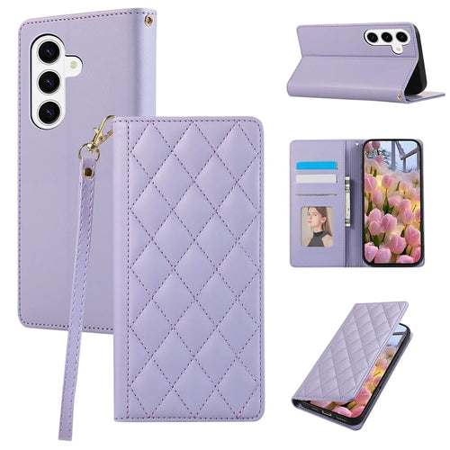 For Samsung Galaxy S26 FE Case RFID Blocking Wallet Stand Rhombus Leather Phone Cover with Wrist Strap - Purple - 1