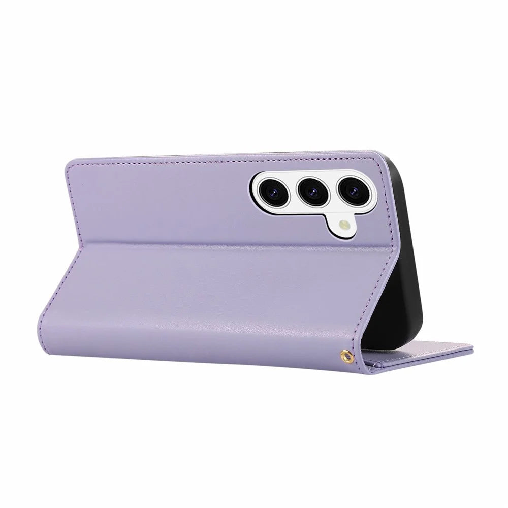 For Samsung Galaxy S26 FE Case RFID Blocking Wallet Stand Rhombus Leather Phone Cover with Wrist Strap - Purple - 4