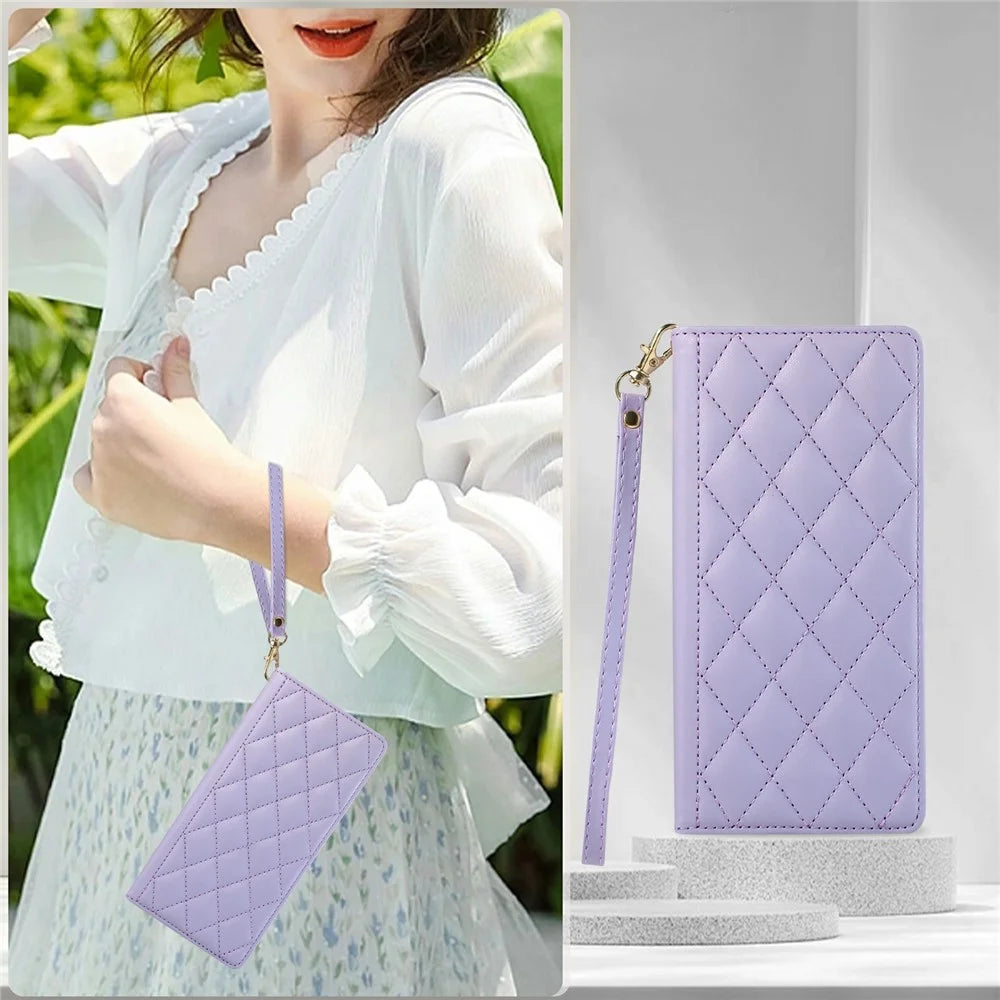 For Samsung Galaxy S26 FE Case RFID Blocking Wallet Stand Rhombus Leather Phone Cover with Wrist Strap - Purple - 7