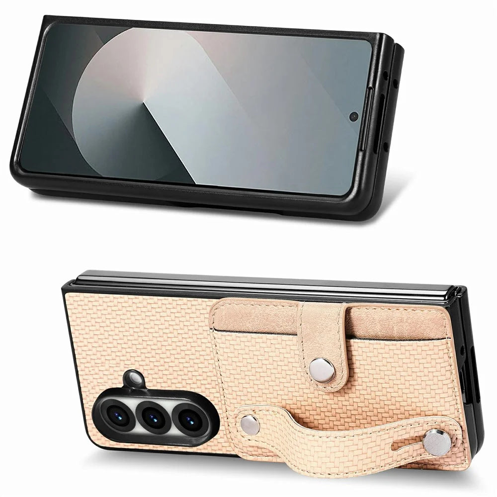 For Samsung Galaxy Z Fold8 Ultra Case Wristband Anti-Drop Leather Back Cover Card Holder - Khaki - 4