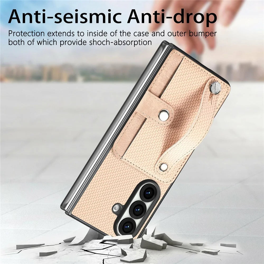 For Samsung Galaxy Z Fold8 Ultra Case Wristband Anti-Drop Leather Back Cover Card Holder - Khaki - 5