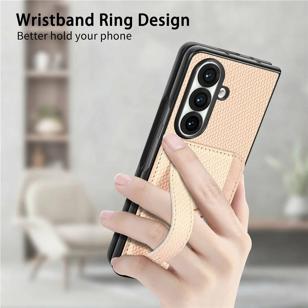 For Samsung Galaxy Z Fold8 Ultra Case Wristband Anti-Drop Leather Back Cover Card Holder - Khaki - 7