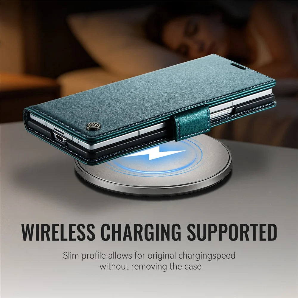 CASEME for Samsung Galaxy Z Fold8 Ultra Case  023 Series RFID Blocking Wallet Stand Glossy Litchi Texture Leather Phone Cover - Green - 5