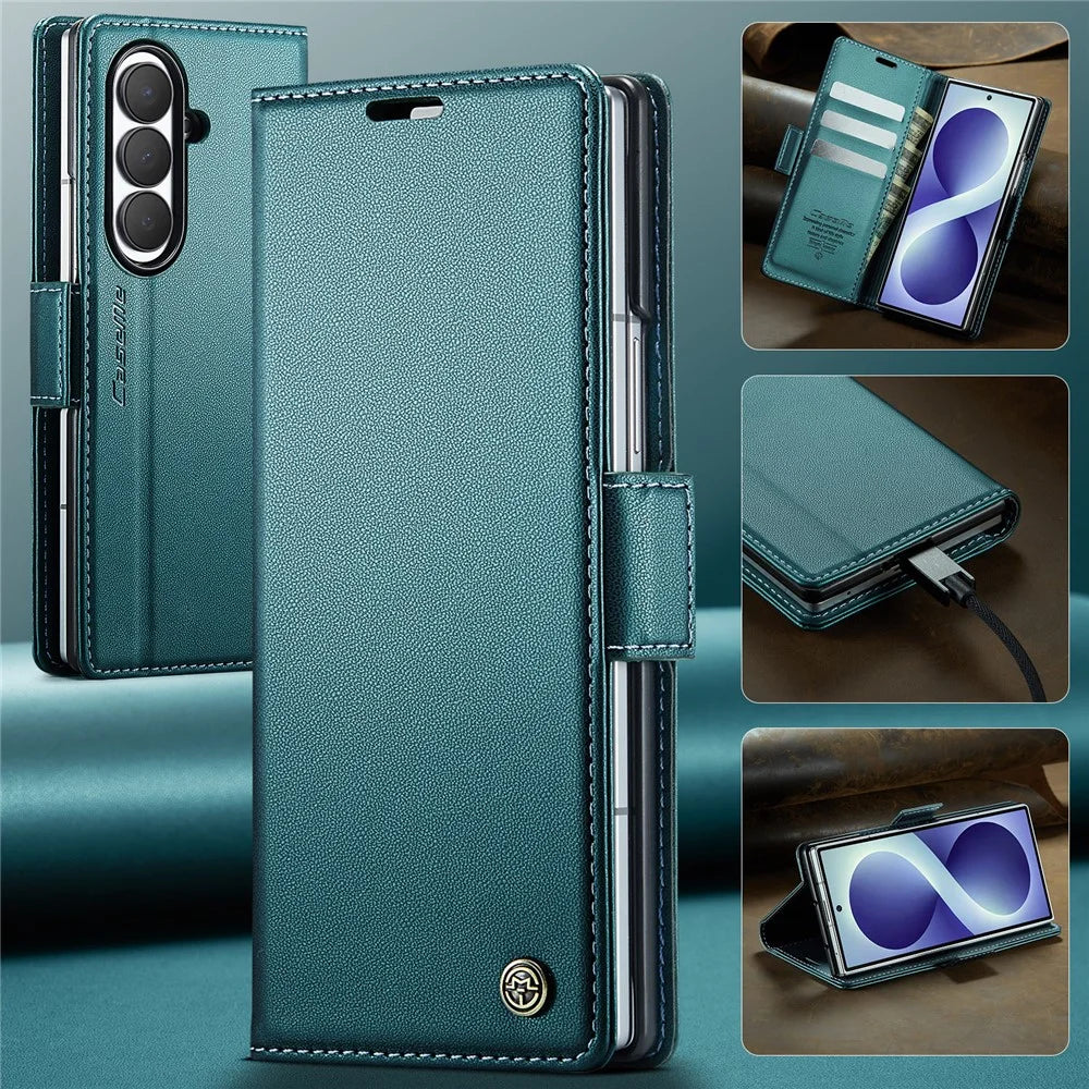 CASEME for Samsung Galaxy Z Fold8 Ultra Case  023 Series RFID Blocking Wallet Stand Glossy Litchi Texture Leather Phone Cover - Green - 6