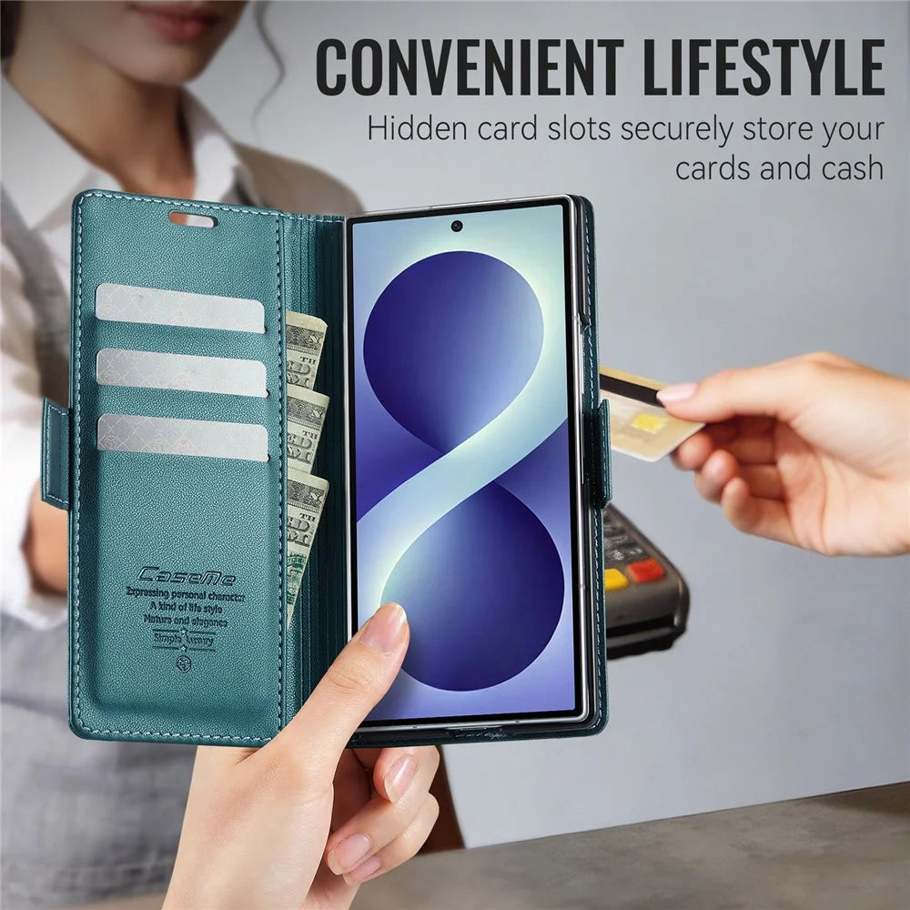 CASEME for Samsung Galaxy Z Fold8 Ultra Case  023 Series RFID Blocking Wallet Stand Glossy Litchi Texture Leather Phone Cover - Green - 7