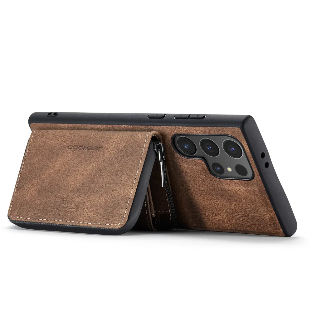JEEHOOD J02 For Samsung Galaxy S24 Ultra Case Detachable 2-in-1 Leather Coated TPU Phone Cover with Kickstand Zipper Wallet - Brown - 3