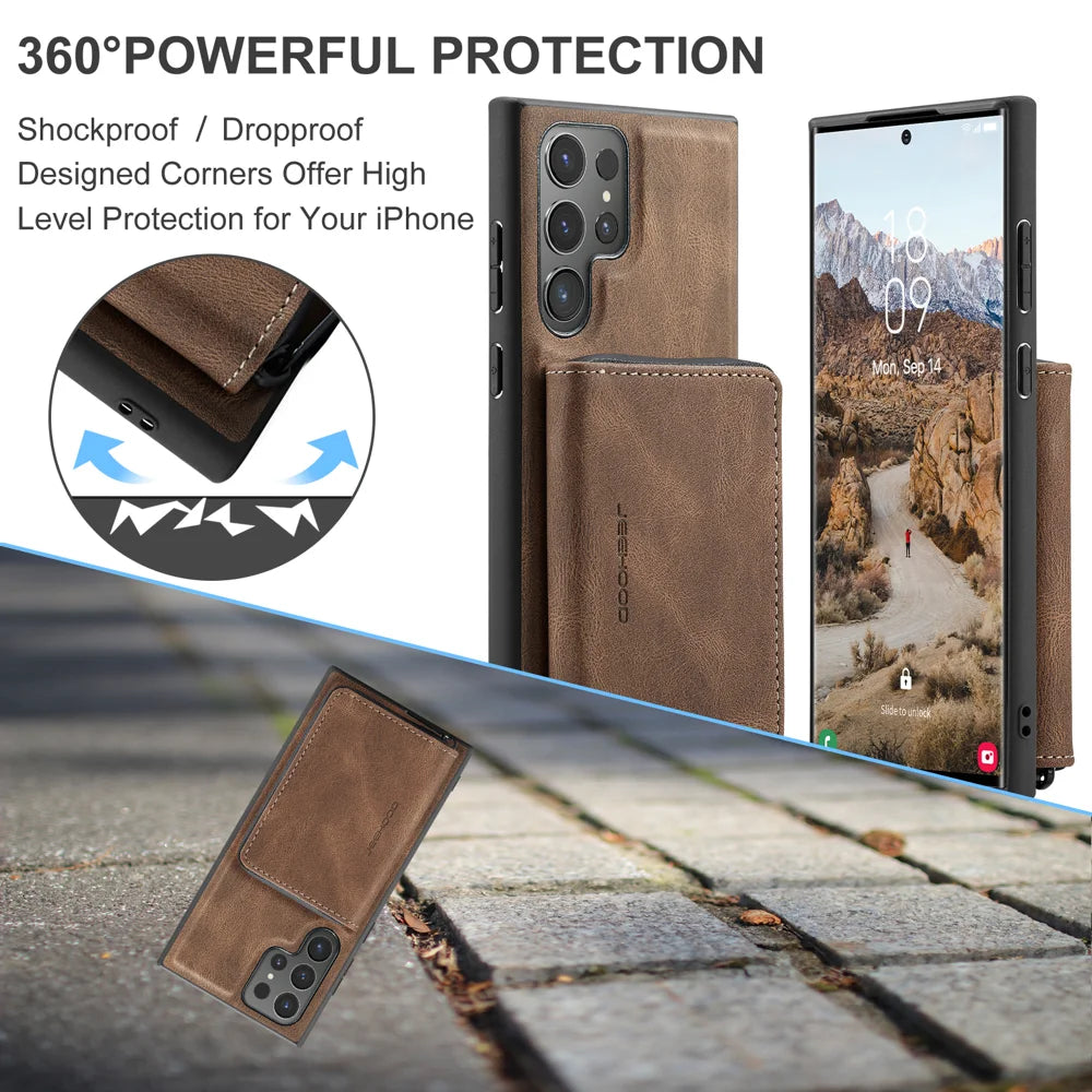 JEEHOOD J02 For Samsung Galaxy S24 Ultra Case Detachable 2-in-1 Leather Coated TPU Phone Cover with Kickstand Zipper Wallet - Brown - 6