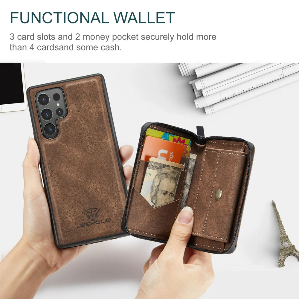 JEEHOOD J02 For Samsung Galaxy S24 Ultra Case Detachable 2-in-1 Leather Coated TPU Phone Cover with Kickstand Zipper Wallet - Brown - 7