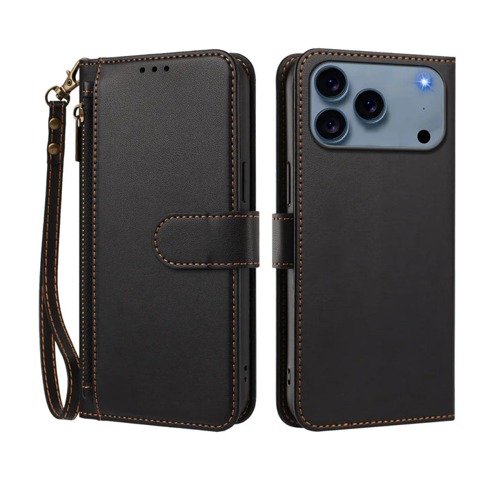 For iPhone 17 Pro / iPhone 18 Pro Case 4 Card Slots Wallet Stand PU Leather Phone Cover with Wrist Strap - Black - 2
