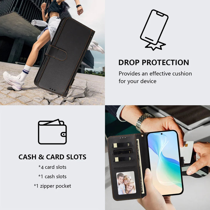 For iPhone 17 Pro / iPhone 18 Pro Case 4 Card Slots Wallet Stand PU Leather Phone Cover with Wrist Strap - Black - 7