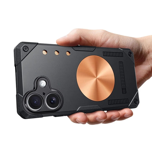 For iPhone 16 Case Copper Heat Dissipation TPU + Metal Cooling Phone Cover Support Magnetic Car Mount - Black - 1