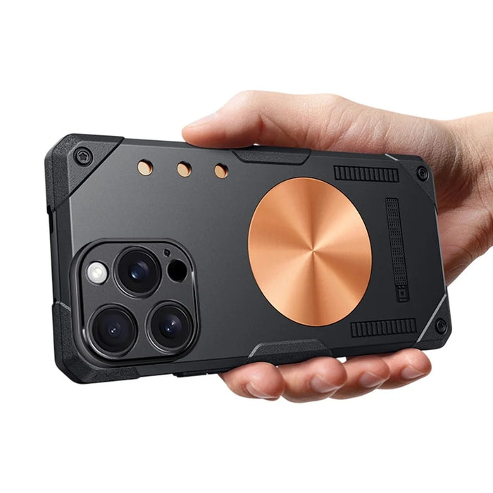 For iPhone 16 Pro Max Case Copper Heat Dissipation TPU + Metal Cooling Phone Cover Support Magnetic Car Mount - Black - 1