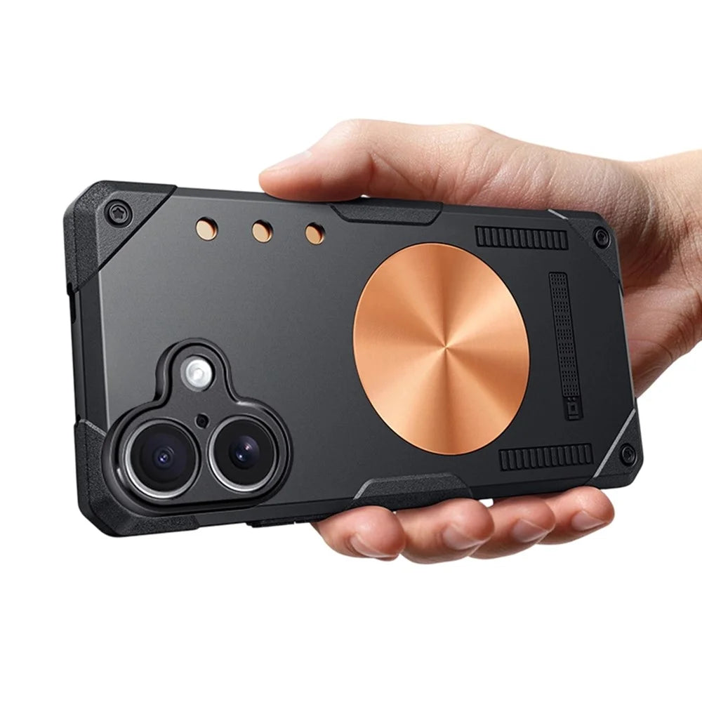 For iPhone 17 Case Copper Heat Dissipation TPU + Metal Cooling Phone Cover Support Magnetic Car Mount - Black - 1