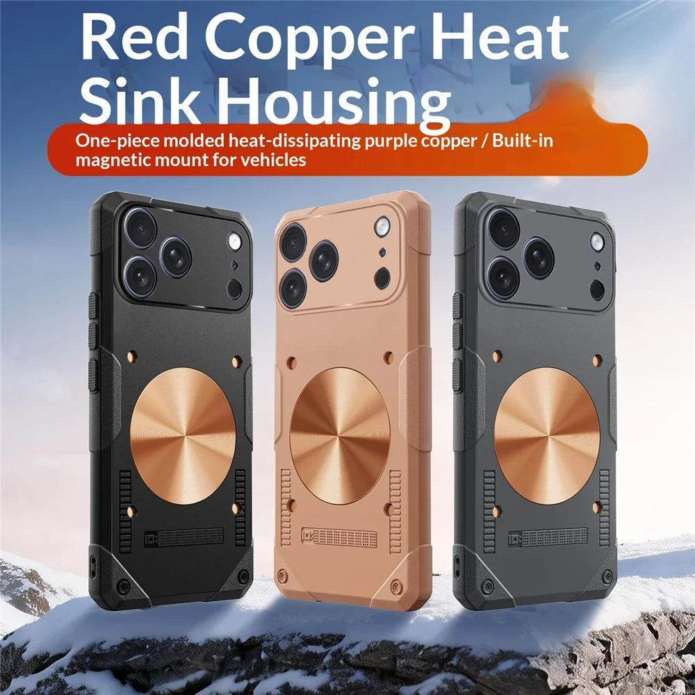 For iPhone 17 Pro Case Copper Heat Dissipation TPU + Metal Cooling Phone Cover Support Magnetic Car Mount - Black - 2