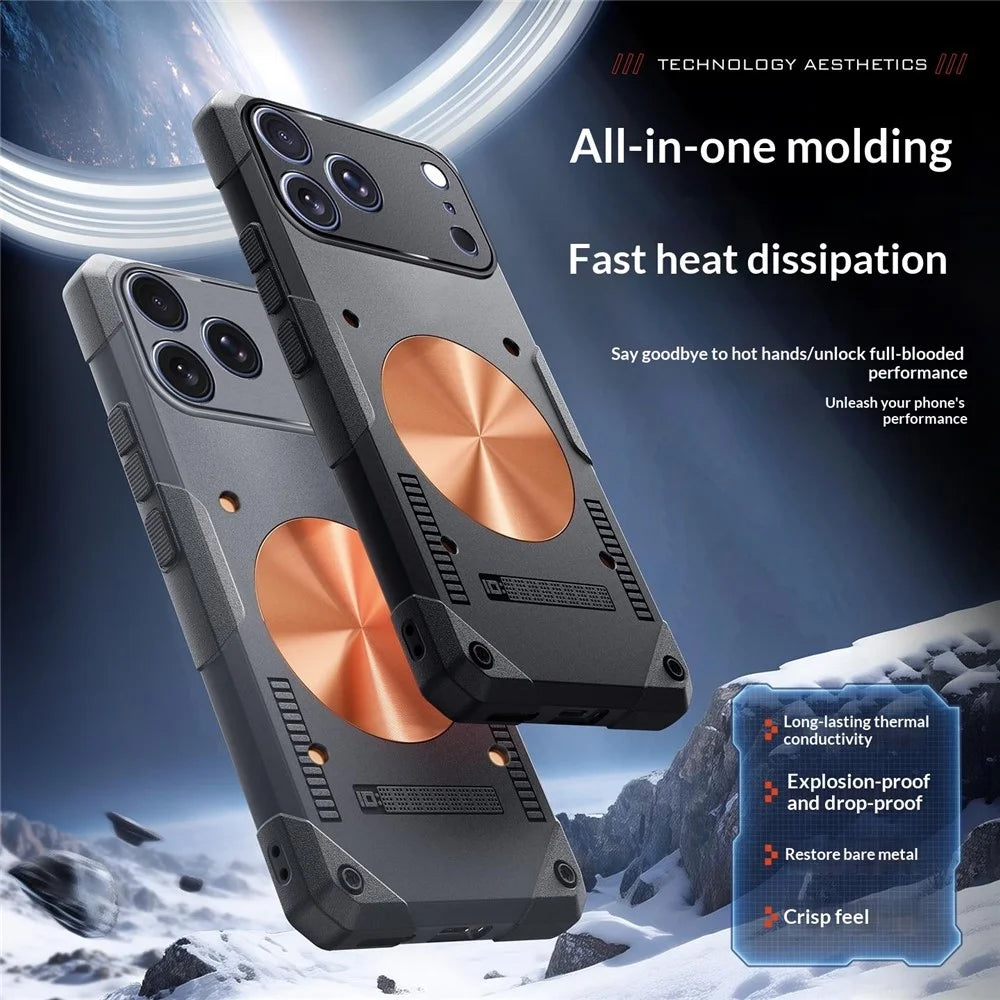 For iPhone 17 Pro Case Copper Heat Dissipation TPU + Metal Cooling Phone Cover Support Magnetic Car Mount - Black - 3