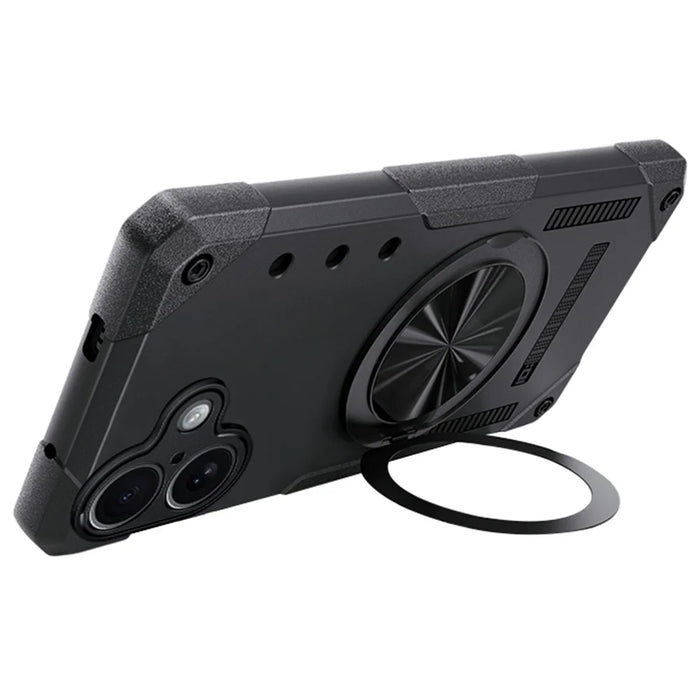 For iPhone 16 Magnetic Case 360° Rotating Ring Kickstand TPU Phone Cover - Black - 1