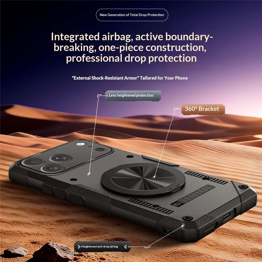 For iPhone 17 Pro Max Magnetic Case 360° Rotating Ring Kickstand TPU Phone Cover - Black - 6