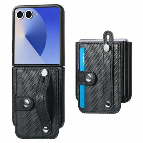 For Samsung Galaxy Z Flip8 Case Wristband Anti-Drop Leather Back Cover Card Holder - Black - 1
