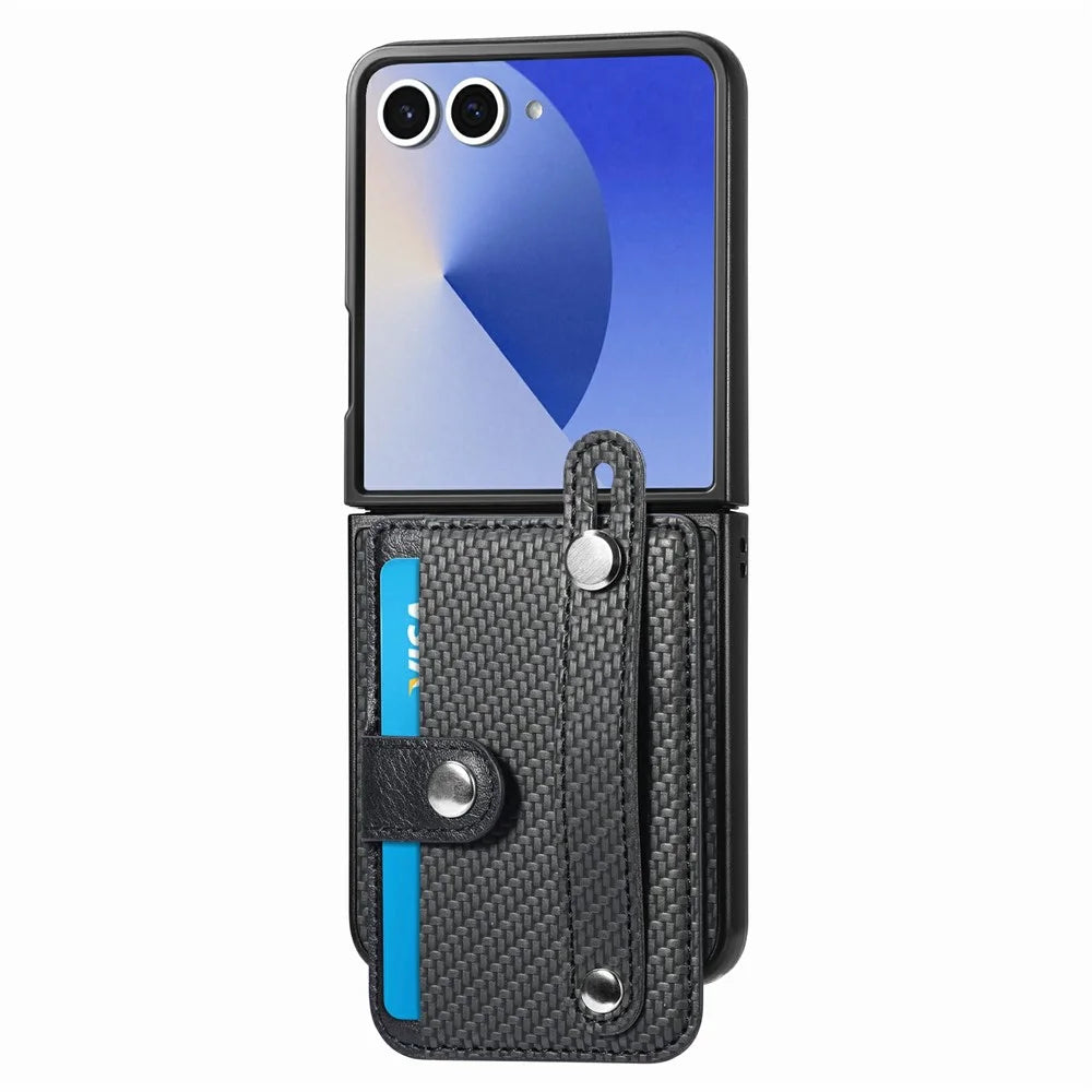 For Samsung Galaxy Z Flip8 Case Wristband Anti-Drop Leather Back Cover Card Holder - Black - 2