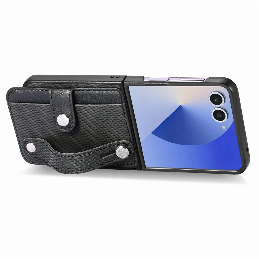 For Samsung Galaxy Z Flip8 Case Wristband Anti-Drop Leather Back Cover Card Holder - Black - 3