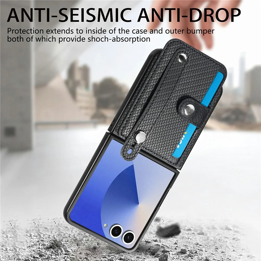 For Samsung Galaxy Z Flip8 Case Wristband Anti-Drop Leather Back Cover Card Holder - Black - 5