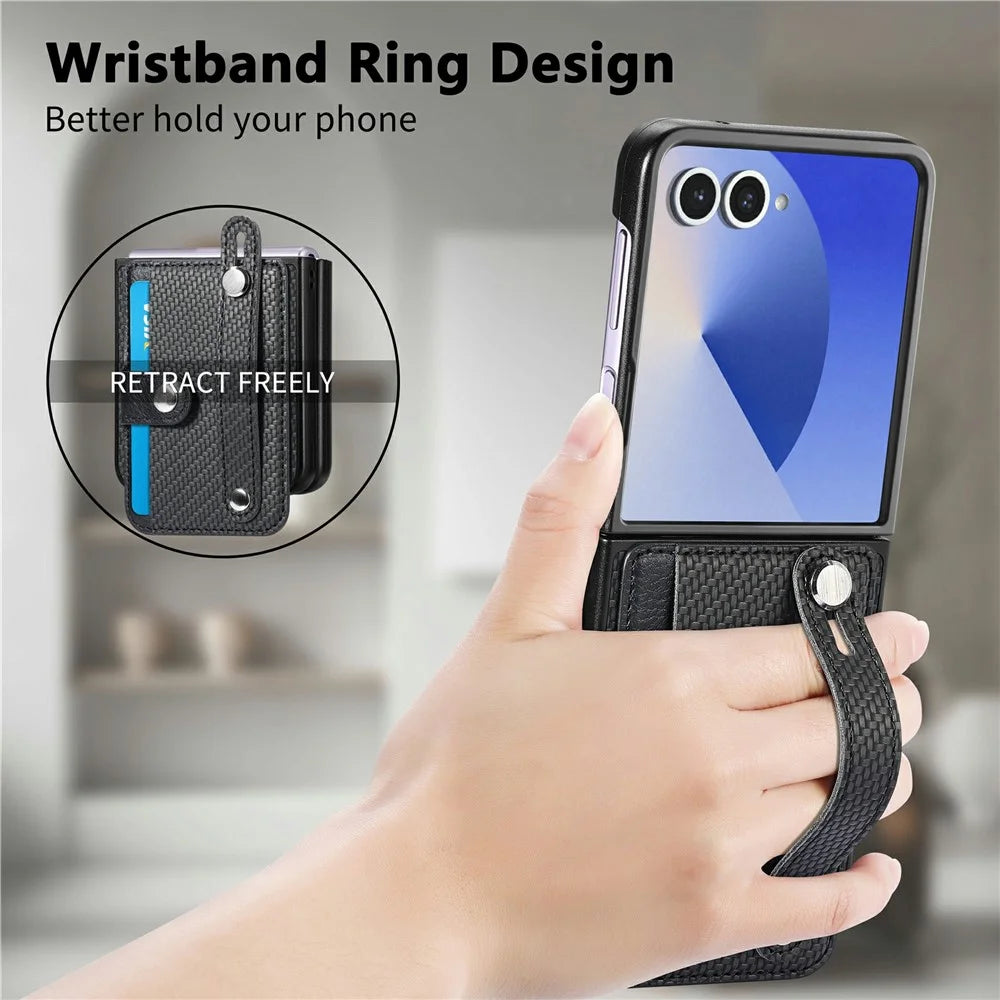For Samsung Galaxy Z Flip8 Case Wristband Anti-Drop Leather Back Cover Card Holder - Black - 6