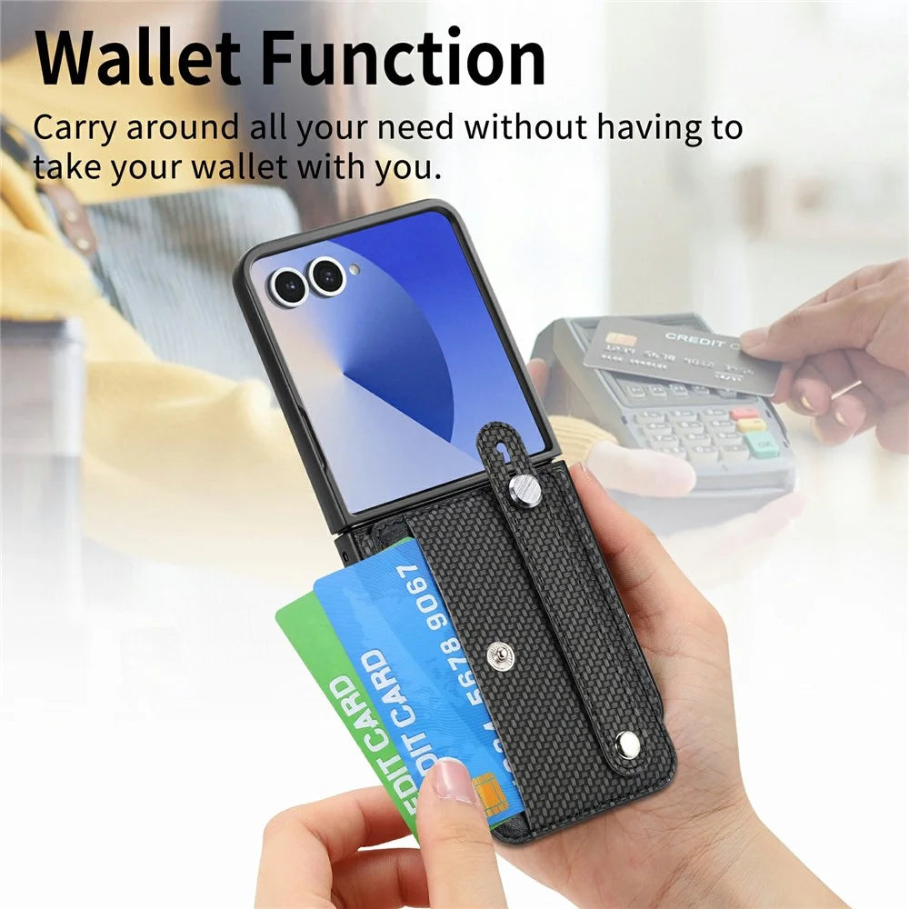 For Samsung Galaxy Z Flip8 Case Wristband Anti-Drop Leather Back Cover Card Holder - Black - 7