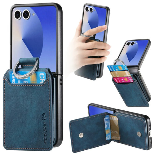 For Samsung Galaxy Z Flip8 Case Card Slots Kickstand PU Leather + PC Phone Cover with Rhinestone Ring Holder - Blue - 1