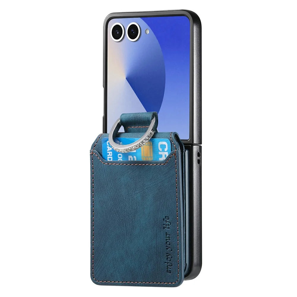 For Samsung Galaxy Z Flip8 Case Card Slots Kickstand PU Leather + PC Phone Cover with Rhinestone Ring Holder - Blue - 2