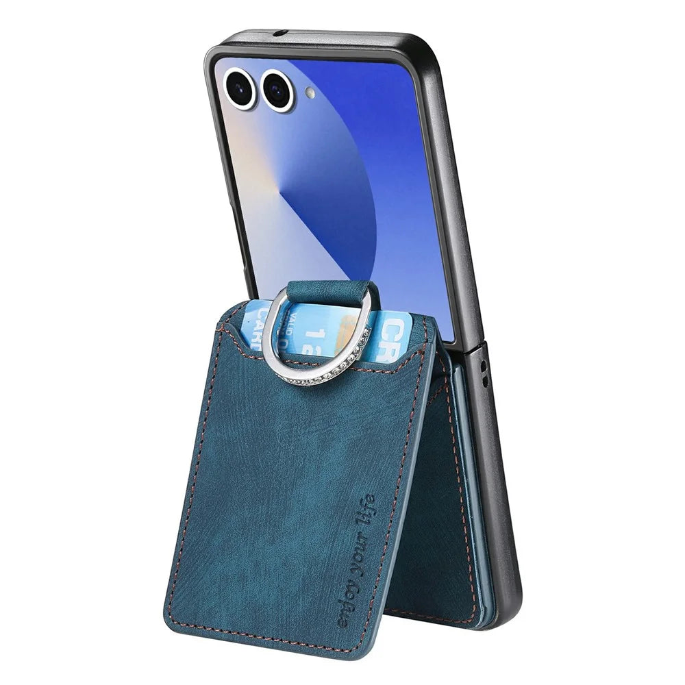 For Samsung Galaxy Z Flip8 Case Card Slots Kickstand PU Leather + PC Phone Cover with Rhinestone Ring Holder - Blue - 3