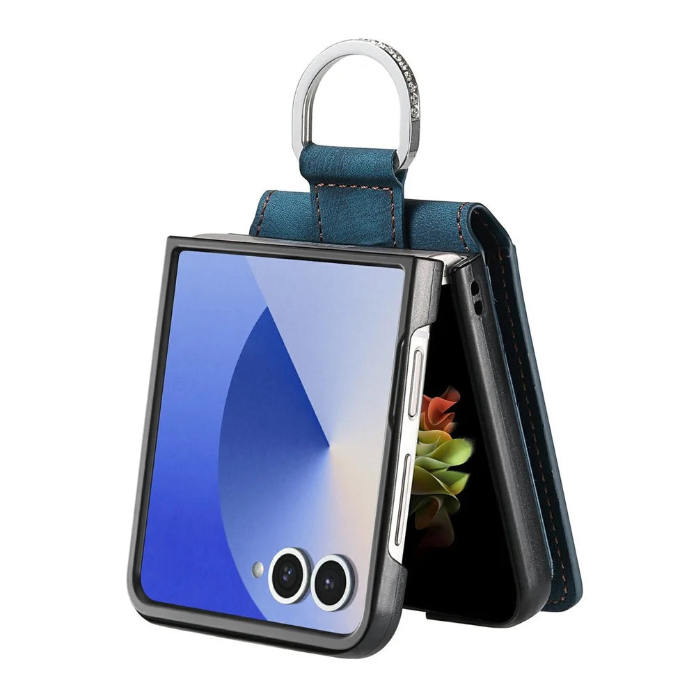 For Samsung Galaxy Z Flip8 Case Card Slots Kickstand PU Leather + PC Phone Cover with Rhinestone Ring Holder - Blue - 4