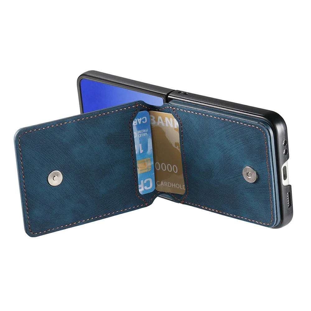 For Samsung Galaxy Z Flip8 Case Card Slots Kickstand PU Leather + PC Phone Cover with Rhinestone Ring Holder - Blue - 5