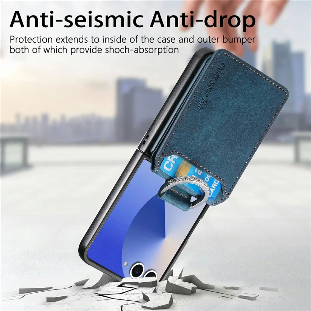For Samsung Galaxy Z Flip7 5G Case Card Slots Kickstand PU Leather + PC Phone Cover with Rhinestone Ring Holder - Blue - 6