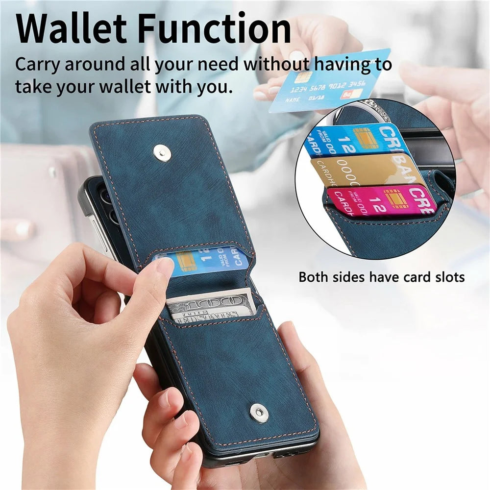 For Samsung Galaxy Z Flip7 5G Case Card Slots Kickstand PU Leather + PC Phone Cover with Rhinestone Ring Holder - Blue - 7