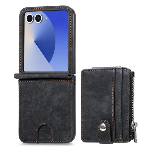 For Samsung Galaxy Z Flip8 Case Detachable 2-in-1 Card Slots Zipper Leather + PC Phone Cover - Black - 1