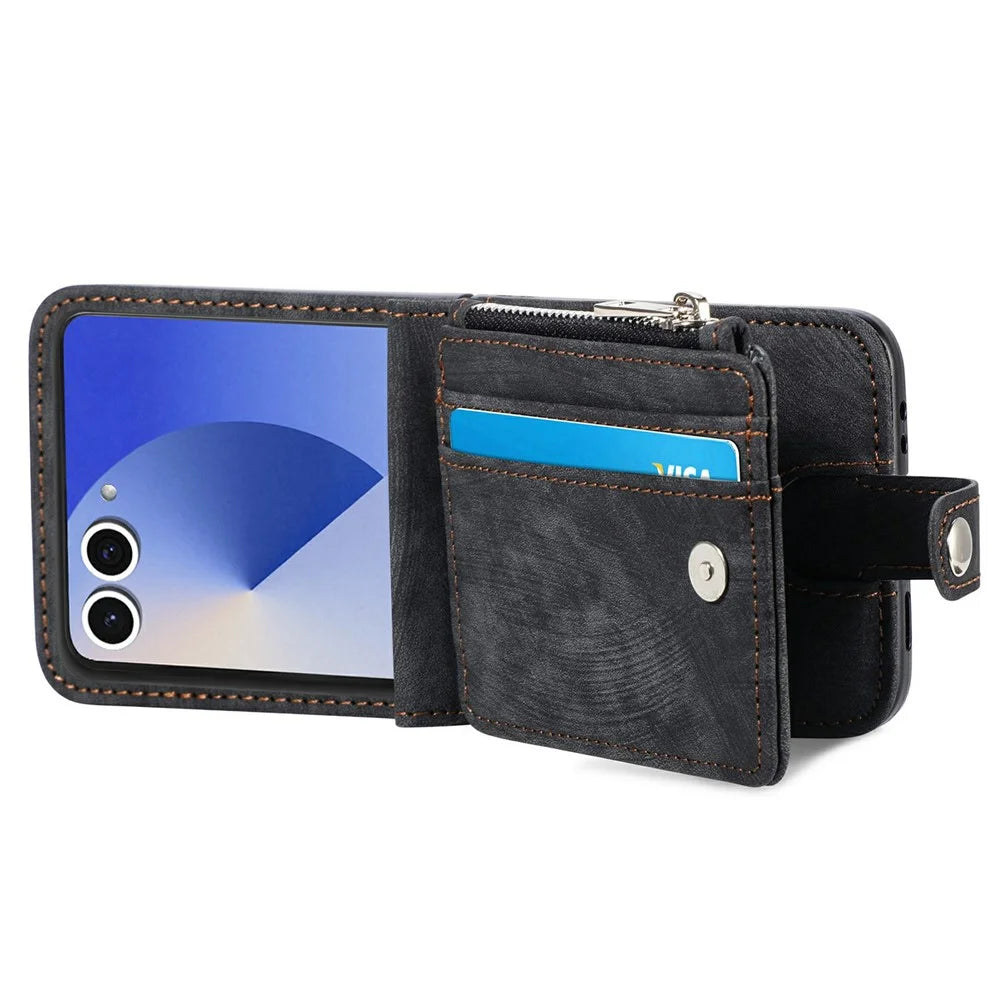 For Samsung Galaxy Z Flip8 Case Detachable 2-in-1 Card Slots Zipper Leather + PC Phone Cover - Black - 6