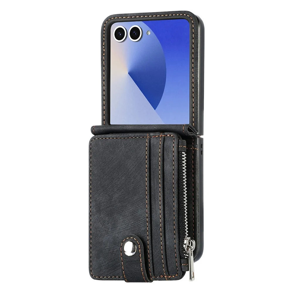 For Samsung Galaxy Z Flip7 5G Case Detachable 2-in-1 Card Slots Zipper Leather + PC Phone Cover - Black - 2