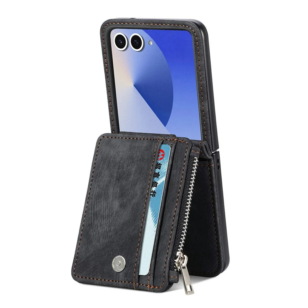 For Samsung Galaxy Z Flip7 5G Case Detachable 2-in-1 Card Slots Zipper Leather + PC Phone Cover - Black - 5