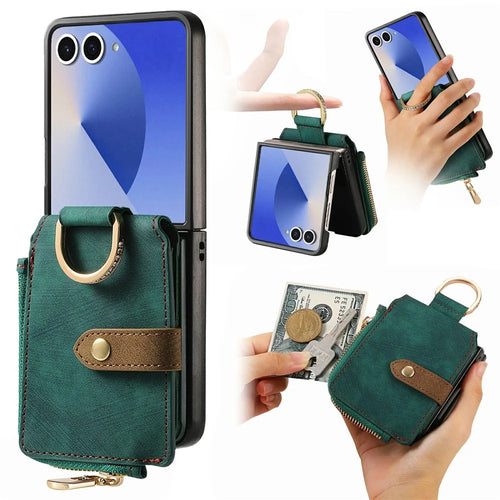 For Samsung Galaxy Z Flip8 Case Zipper Pocket Card Holder Retro Texture Leather Back Cover - Green - 1